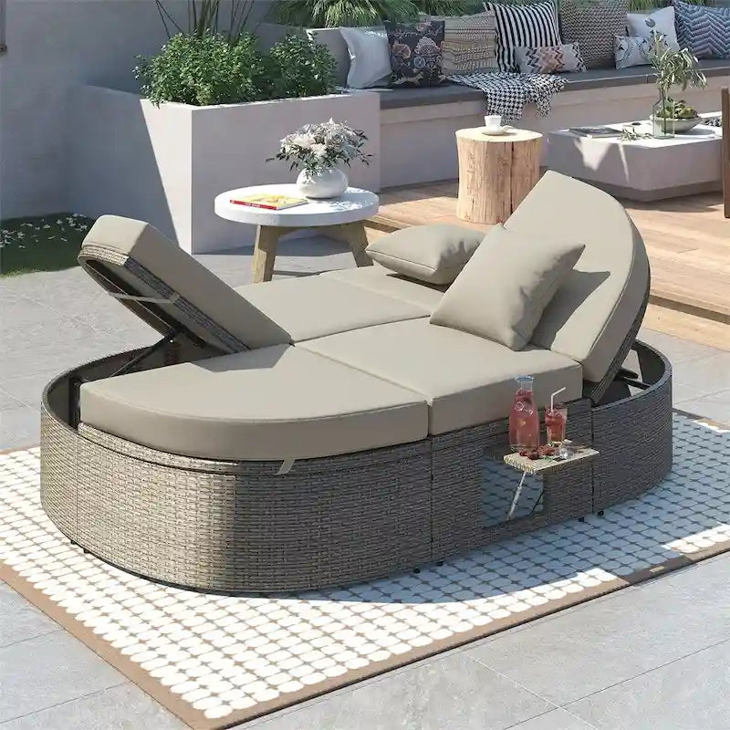 Letto prendisole da esterno per patio, daybed per 2 persone con cuscini e guanciali