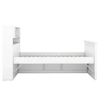 Letto a piattaforma Captain matrimoniale o singolo con 4 cassetti e ripiani contenitori, struttura in legno massello con testiera libreria contenitore