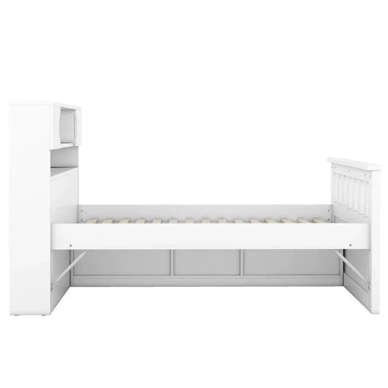 Letto a piattaforma Captain matrimoniale o singolo con 4 cassetti e ripiani contenitori, struttura in legno massello con testiera libreria contenitore
