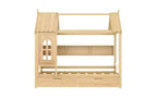Huisbed met opbergladen en raam, frame van massief hout met planken, speels kinderdesign, lichtwit