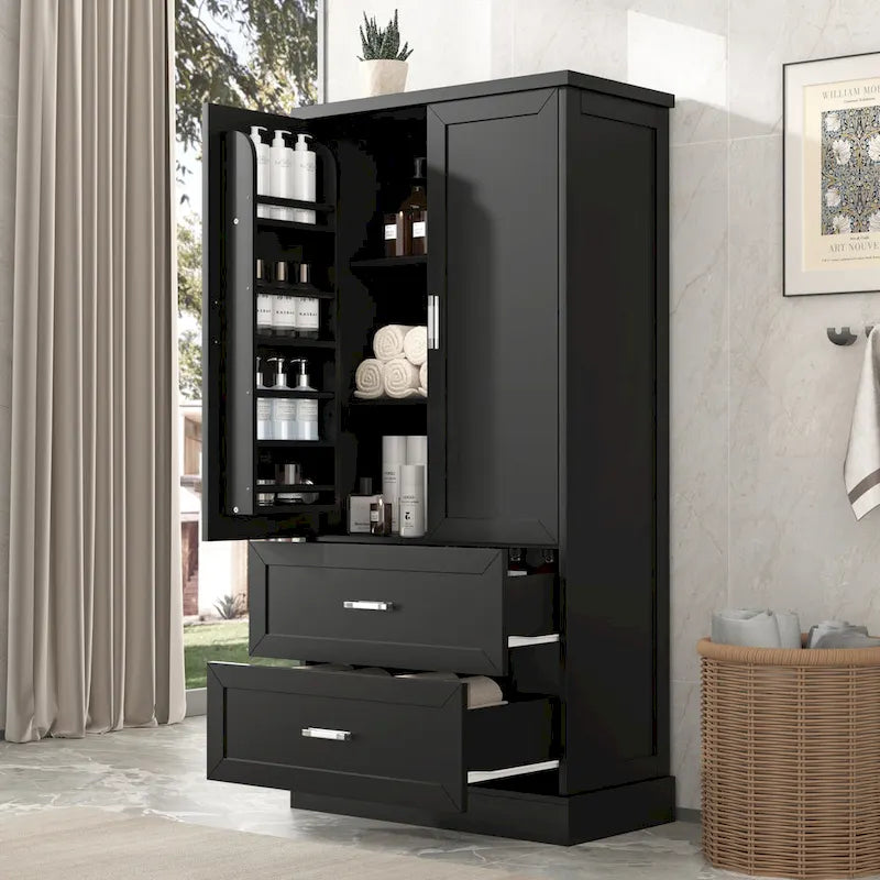 Tall Bathroom Storage Cabinet, Cabinet with Two Doors and Drawers, Adjustable Shelf, MDF Board