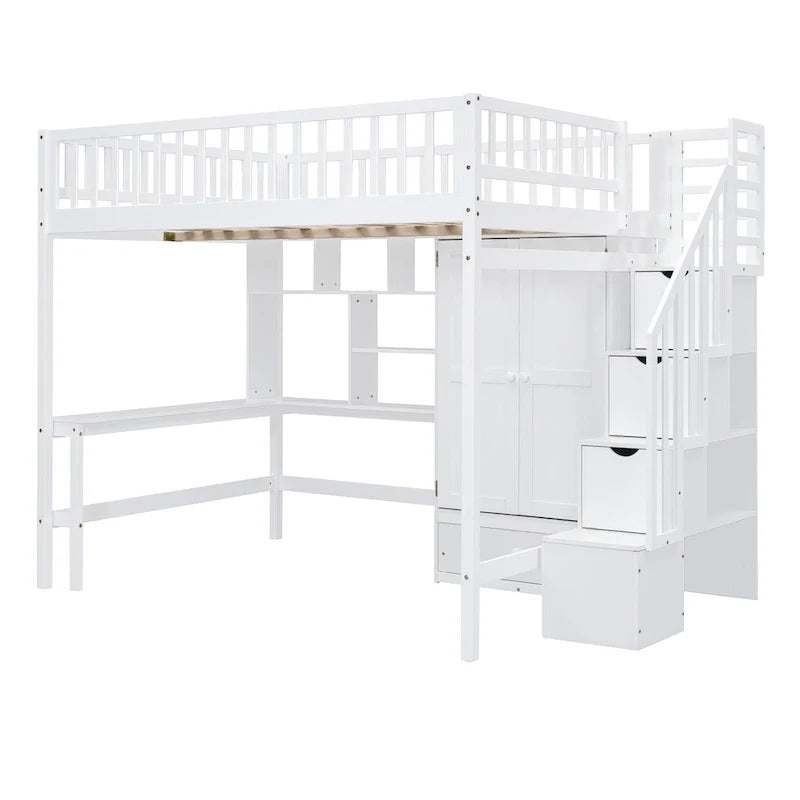 Lit mezzanine double en pin avec bureau et rangement