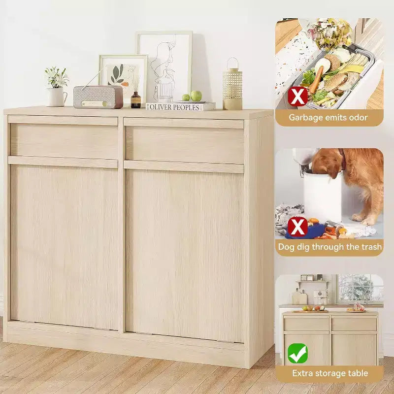 Kippbarer Mülleimer aus natürlicher Eiche, Mülleimer mit Stauraum und Schublade, versteckter Müllschrank, Wäschekorb für Küche, Esszimmer und Wohnzimmer