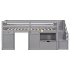 Letto rialzato basso singolo in legno massello da 94,6 L x 42,3 L, con scala, cassetto e ripiano, design moderno e pulito