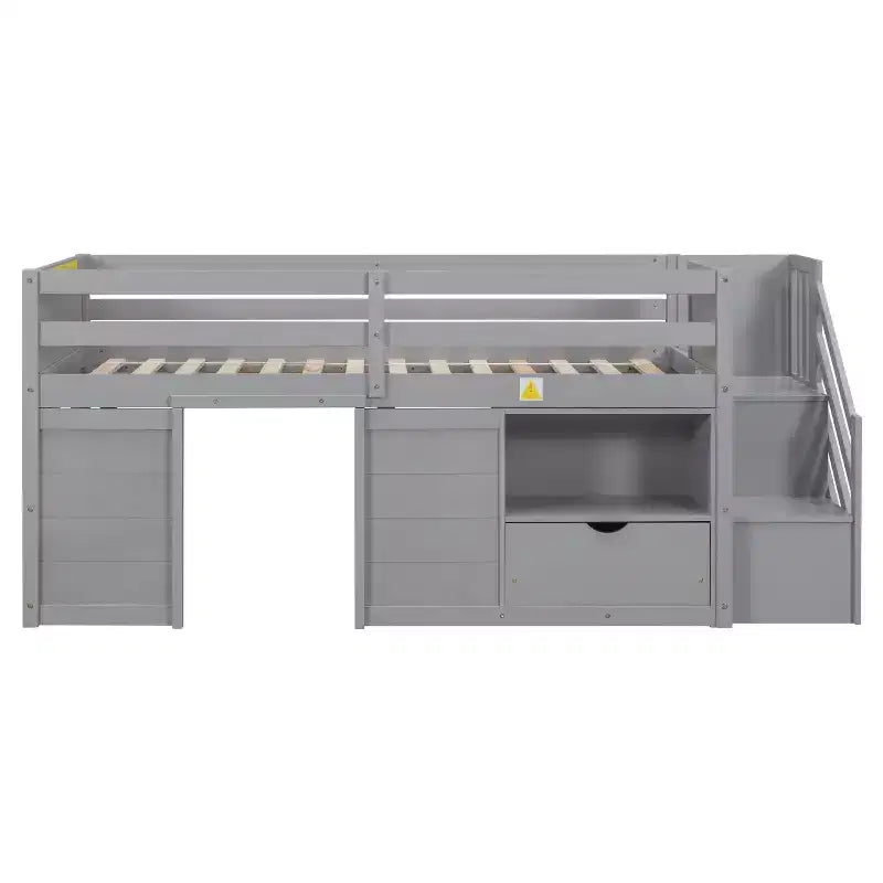 Letto rialzato basso singolo in legno massello da 94,6 L x 42,3 L, con scala, cassetto e ripiano, design moderno e pulito