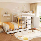 Full over Full Bunk Bed with Storage Wardrobe and Drawers, Full Size Wood Space-Saving Bunk Bed with Guardrail for Apartment, Bedroom