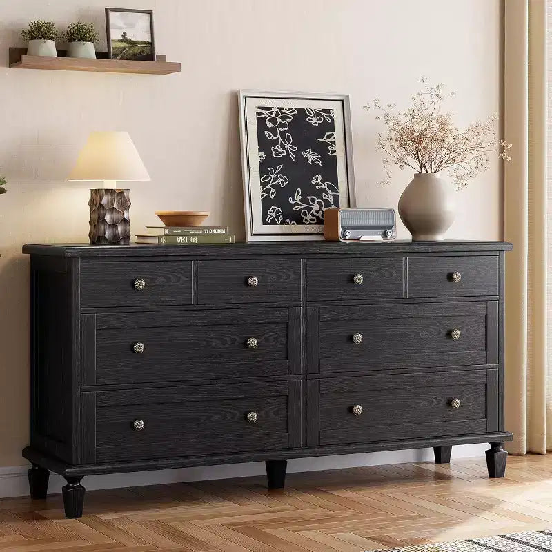 Kommode mit 8 Schubladen für das Schlafzimmer, Vintage-TV-Schrank mit 59 cm, geschnitzten Griffen und konischen Beinen, Holzkommode mit großem Stauraum