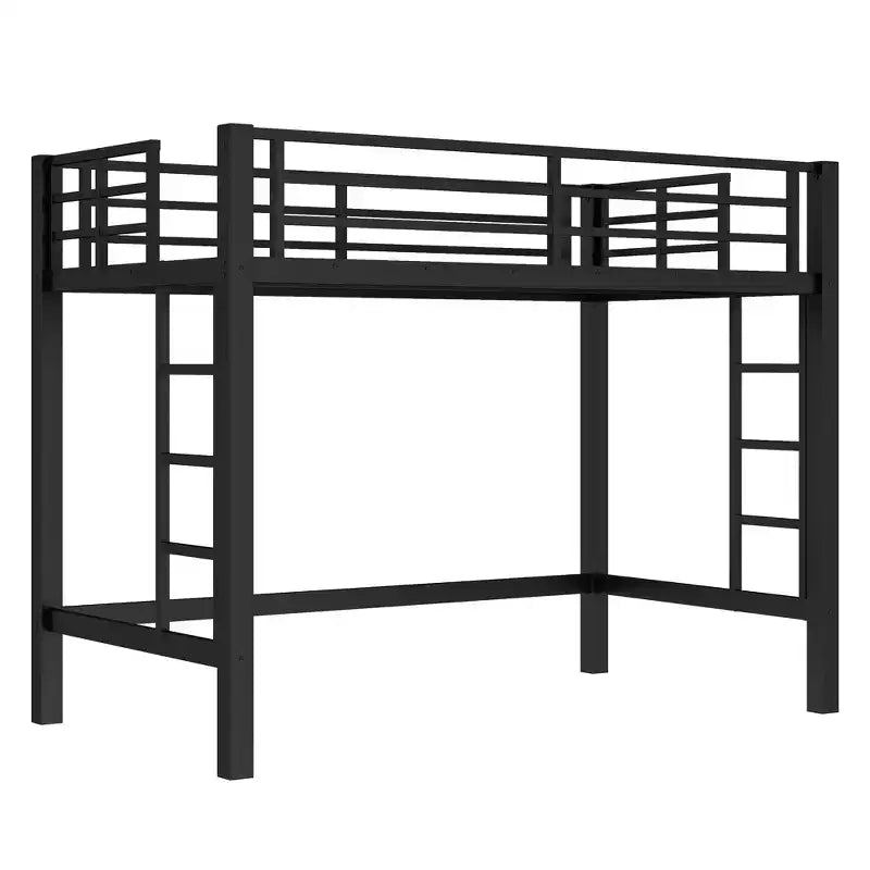 Letto a soppalco in metallo, struttura salvaspazio con doppia scala e sponde di sicurezza, nero - ModernLuxe