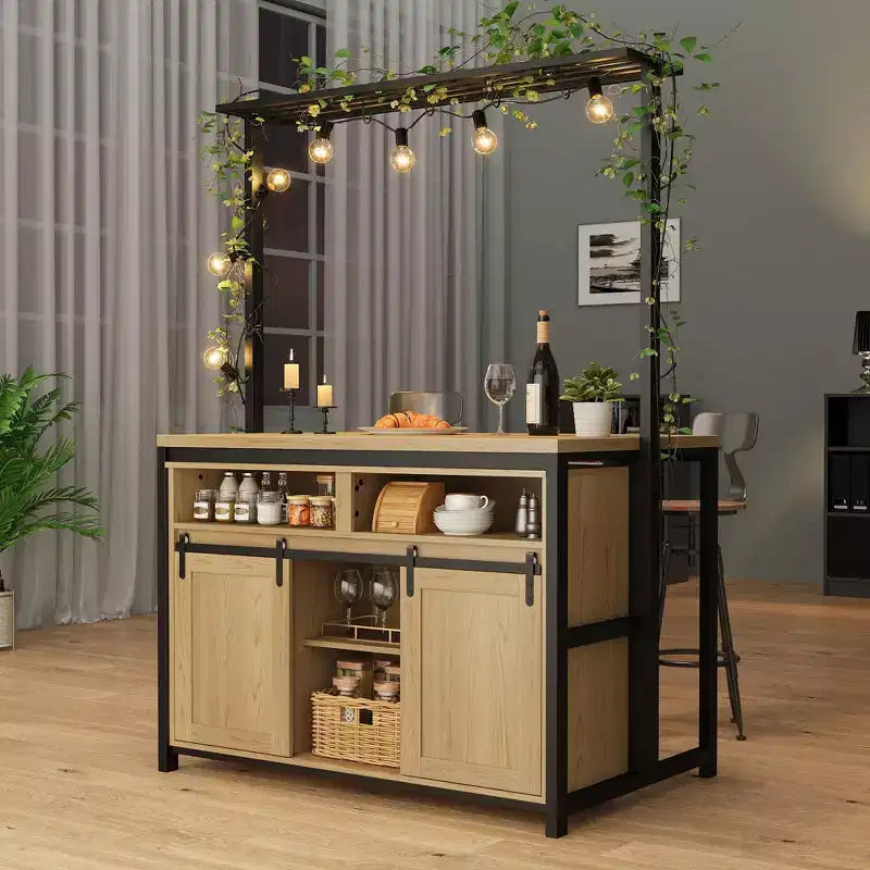 Îlot de cuisine, étagère de boulanger avec porte coulissante de grange, grande table îlot de cuisine de 42 po avec meuble pour micro-ondes à 3 niveaux, étagères pour four et ensemble de table-bar à café