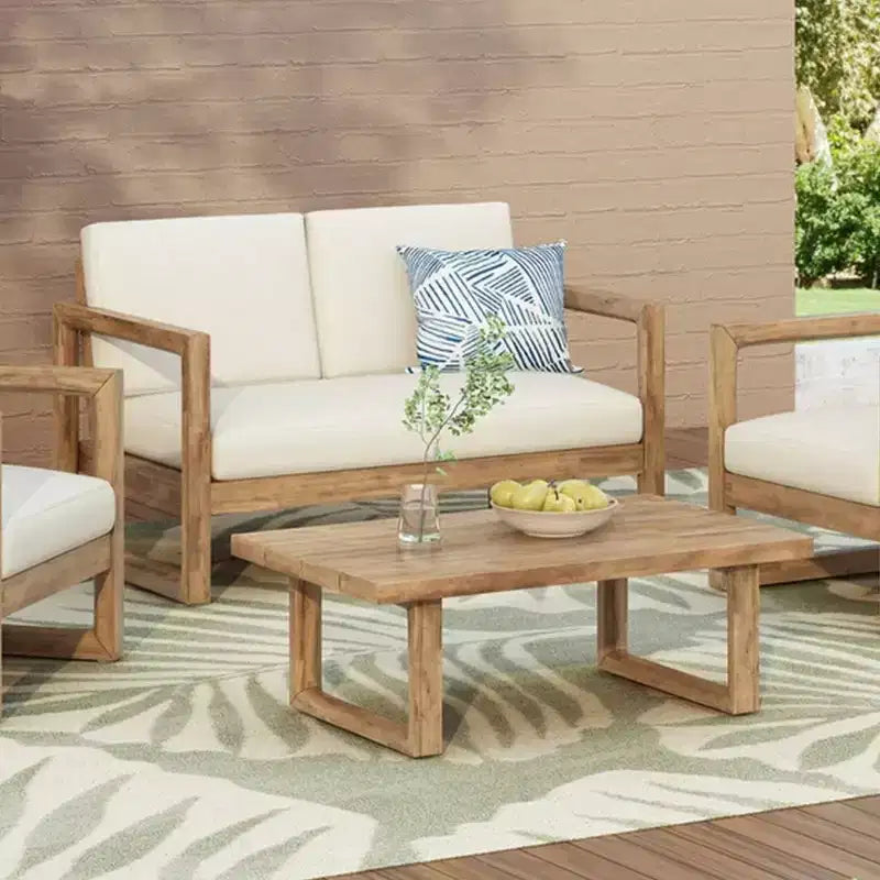 Gartenmöbel-Set aus Akazienholz, Outdoor-Sitzgruppe mit Couchtisch und weichen Polstern für Hinterhof, Veranda und Balkon, Beige – Merax