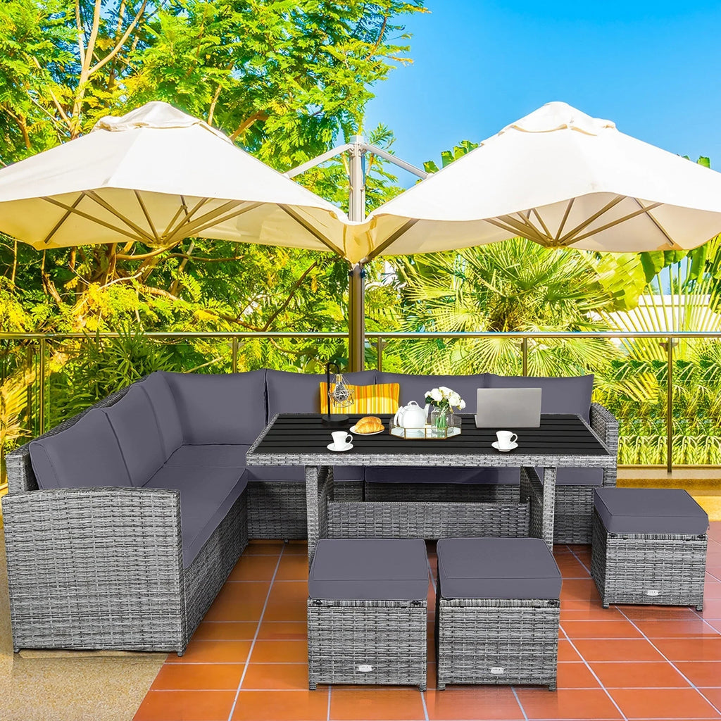 Costway 7-teiliges Dining-Set aus Polyrattan für die Terrasse mit Ecksofa, Couch und Hocker – Details anzeigen