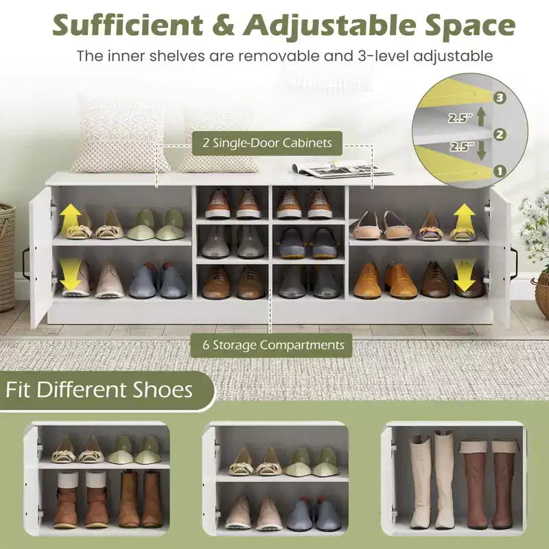 Banc à chaussures à 2 portes avec étagères réglables et espace de rangement dissimulé, naturel + blanc/Whi5te