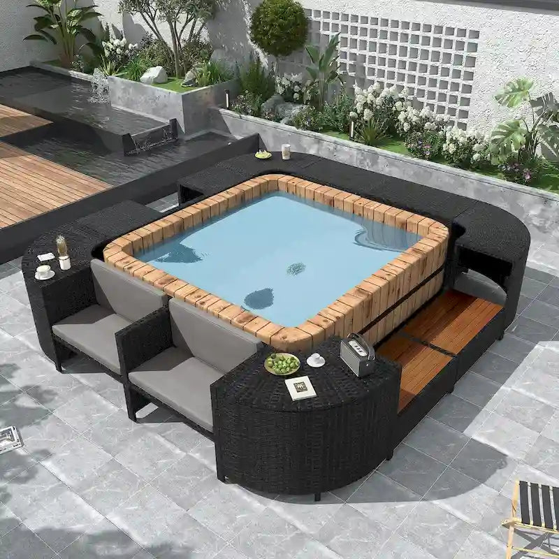 Spa-Umrandung, Spa-Gestell, viereckiges Outdoor-Lounge-Set aus Polyrattan