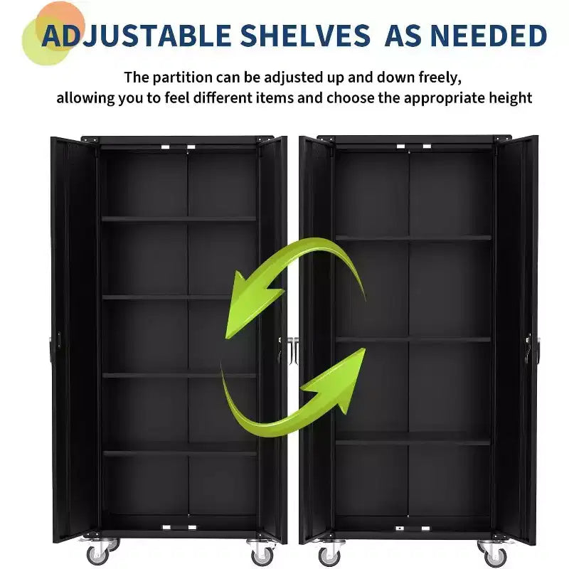 Armoire de rangement de garage à roulettes avec panneau perforé, armoire métallique verrouillable de 72 pouces de hauteur avec 2 portes et 4 étagères réglables pour atelier de garage