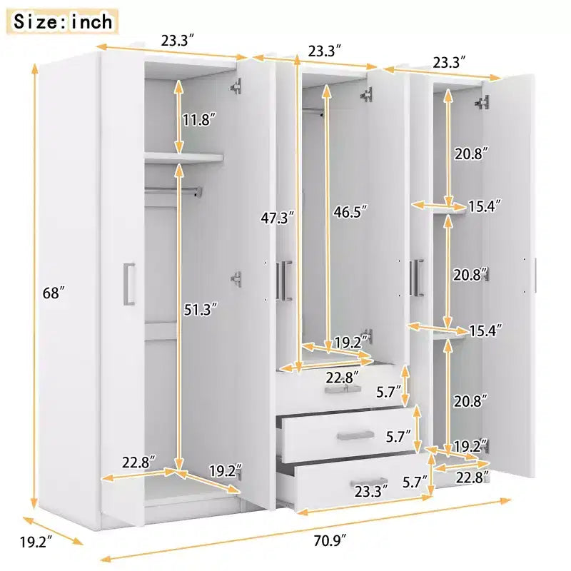 Roupeiro de madeira com 6 portas e gavetas para quarto