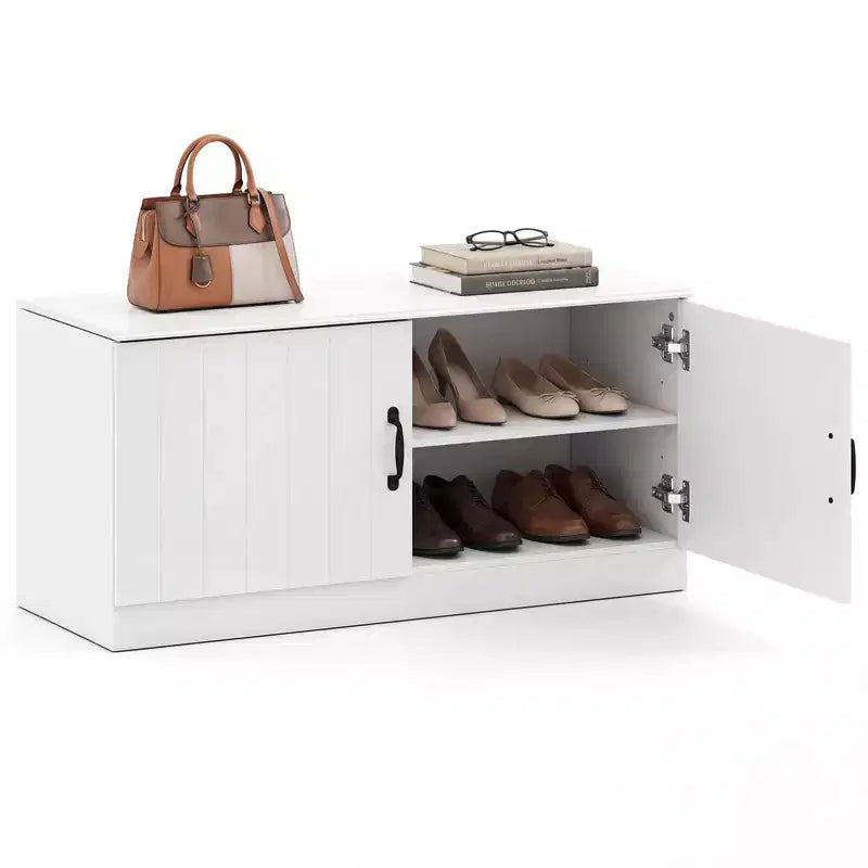 Banc à chaussures à 2 portes avec étagères réglables et espace de rangement dissimulé, naturel + blanc/Whi5te