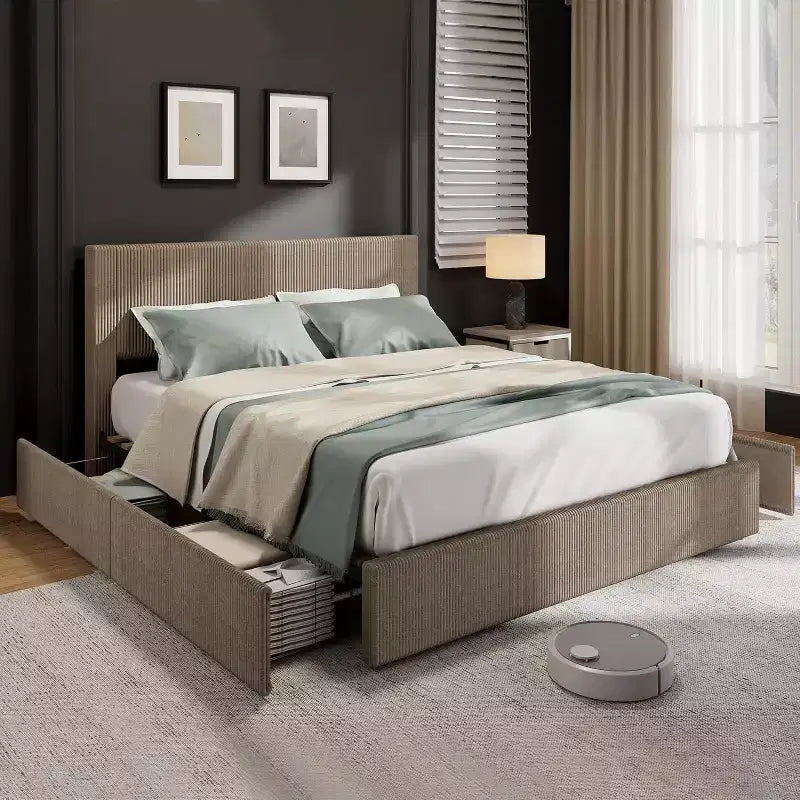 Cadre de lit en velours côtelé CuisinSmart avec tête de lit, cadre de lit plateforme rembourré avec 4 tiroirs de rangement et sommier à lattes en bois