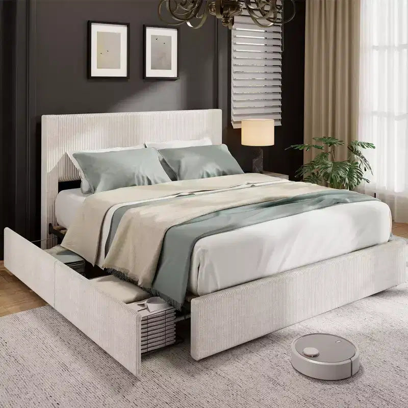 CuisinSmart manšestrová postelová konstrukce s čelem, čalouněná platformová postelová konstrukce se 4 úložnými zásuvkami a dřevěnými roštovými lamelami