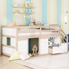 Letto rialzato basso singolo in legno massello da 94,6 L x 42,3 L, con scala, cassetto e ripiano, design moderno e pulito