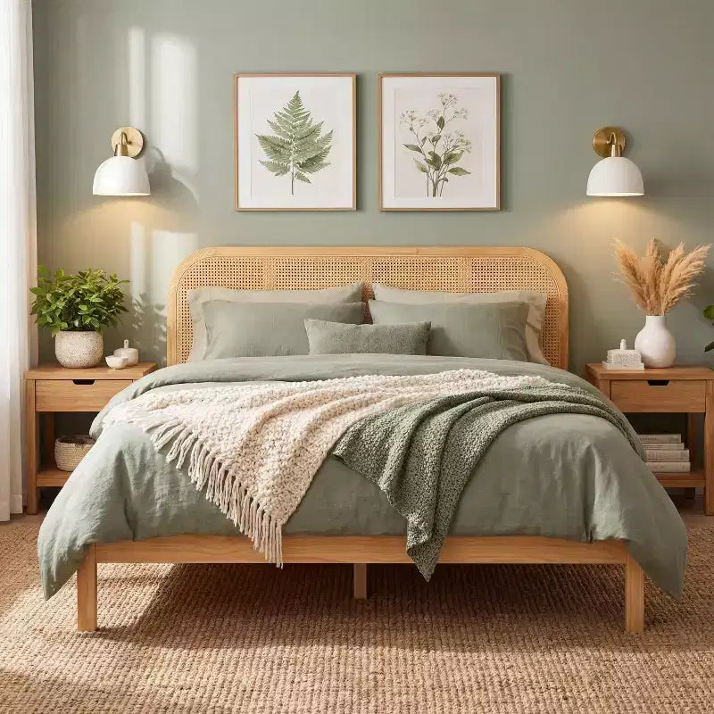 Cadre de lit plateforme en bois de style bohème moderne Christopher Knight Home Callahan avec tête de lit en rotin