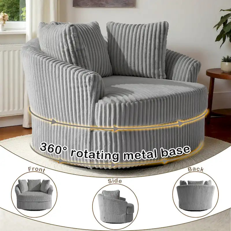 Fauteuil pivotant tonneau surdimensionné de 43 W en velours côtelé moelleux avec accoudoirs encastrés