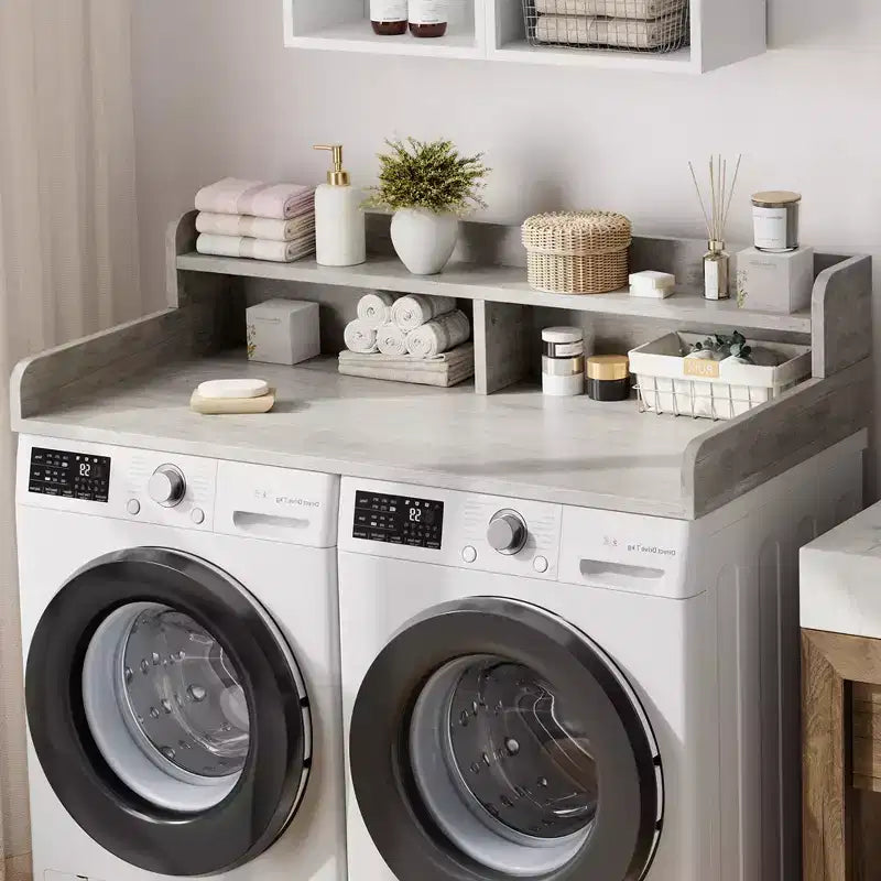 Plan de travail à 2 niveaux pour lave-linge et sèche-linge avec étagère ou tiroirs, couvre-plan de buanderie avec tapis antidérapant, dessus de 54X27.5 pour plier le linge