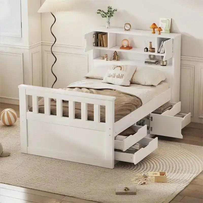 Captain-Platform-Bett in Twin-/Full-Größe mit 4 Schubladen und Ablagefächern, Massivholz-Bettrahmen mit Stauraum-Bücherregal-Kopfteil