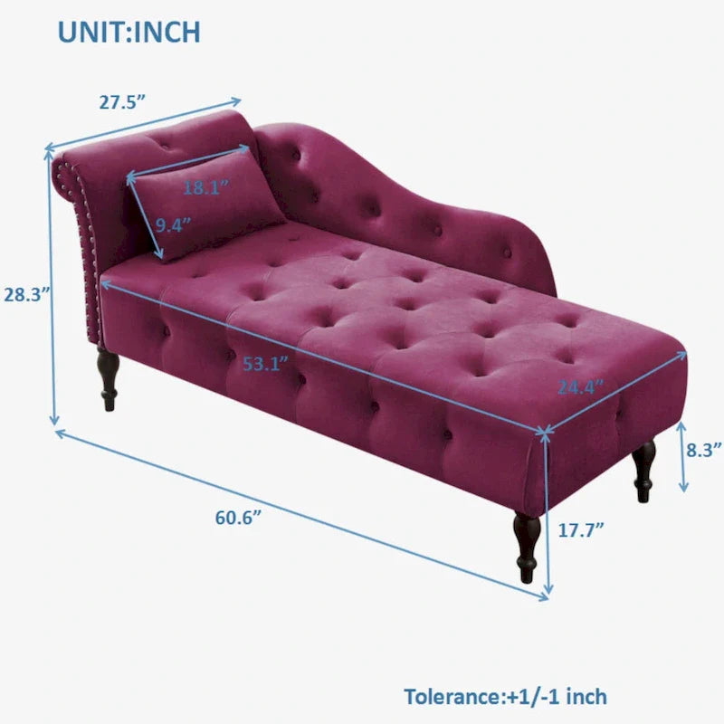 Moderne chaise longue van 60,6 inch met fluwelen bekleding, gecapitonneerde knopen, massief houten poten en sierspijkers