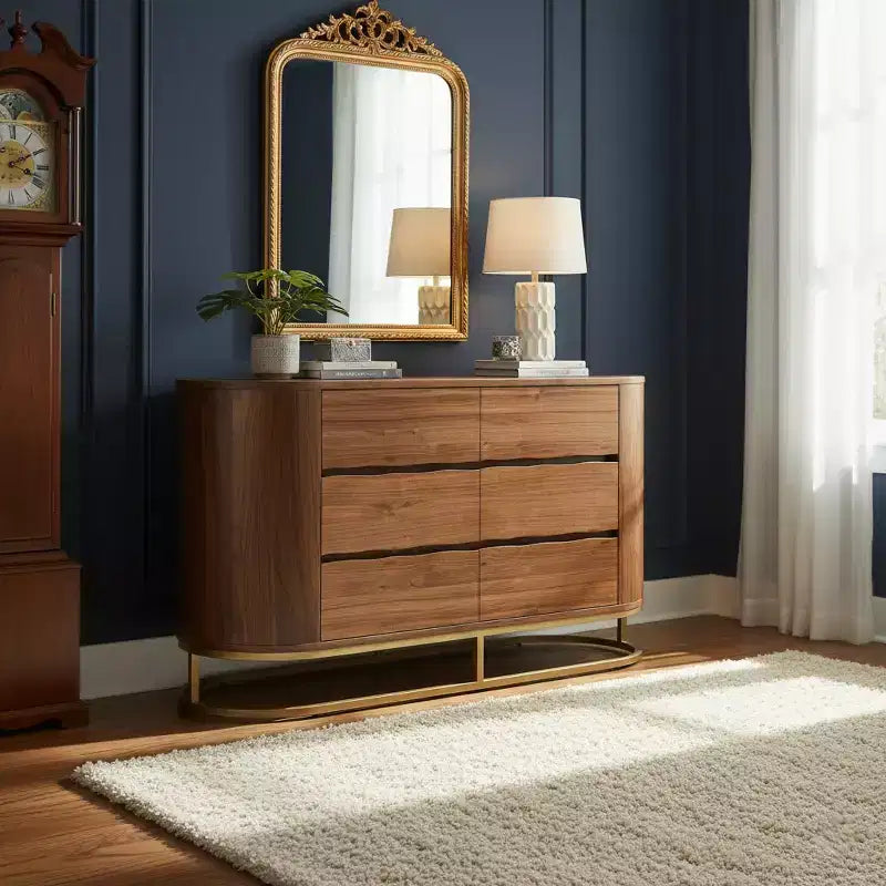 Moderner Schrank mit 6 Schubladen, Baumkanten-Design, Metallgestell und robuster Konstruktion aus Mischholz