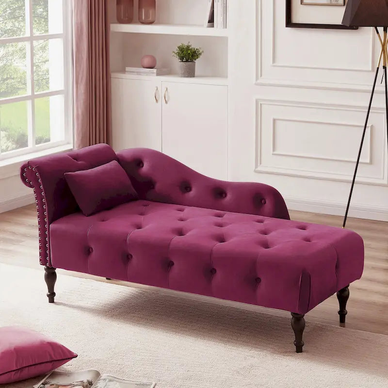Moderne chaise longue van 60,6 inch met fluwelen bekleding, gecapitonneerde knopen, massief houten poten en sierspijkers