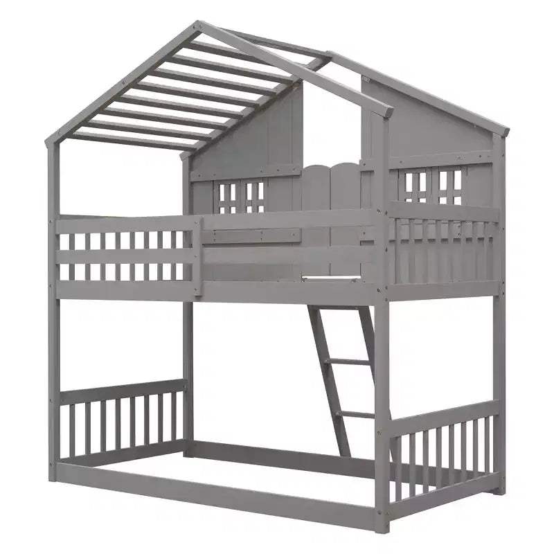 Cama alta de tamanho Twin em forma de casa, cama alta de madeira tipo casinha com escada e barreiras de proteção para crianças