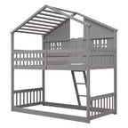 Cama alta de tamanho Twin em forma de casa, cama alta de madeira tipo casinha com escada e barreiras de proteção para crianças