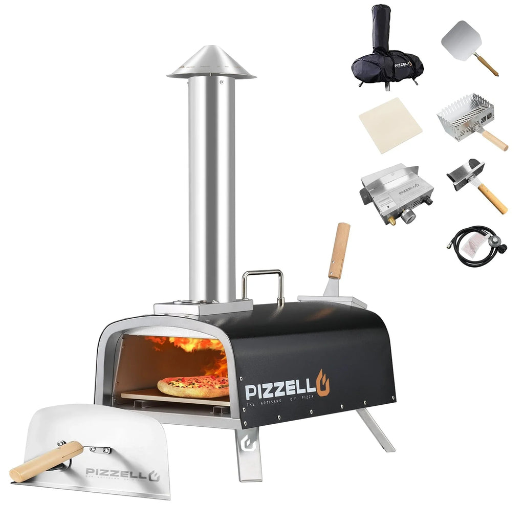 Multibrennstoff-Pizzaofen für den Außenbereich, Steinofen-Pizzaofen mit Gasbrenner und Holzfach – 12 Zoll