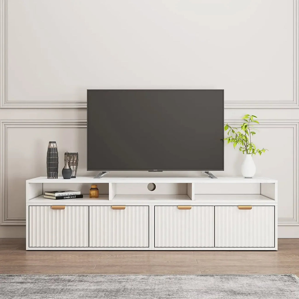 Mobile TV angolare moderno bianco con 2 cassetti e vani portaoggetti aperti