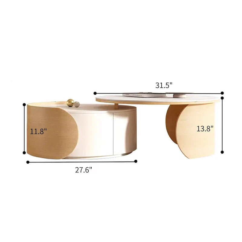 Moderner runder Couchtisch, Tischplatte aus Stein, naturbelassenes Holz – 50 x 31,5