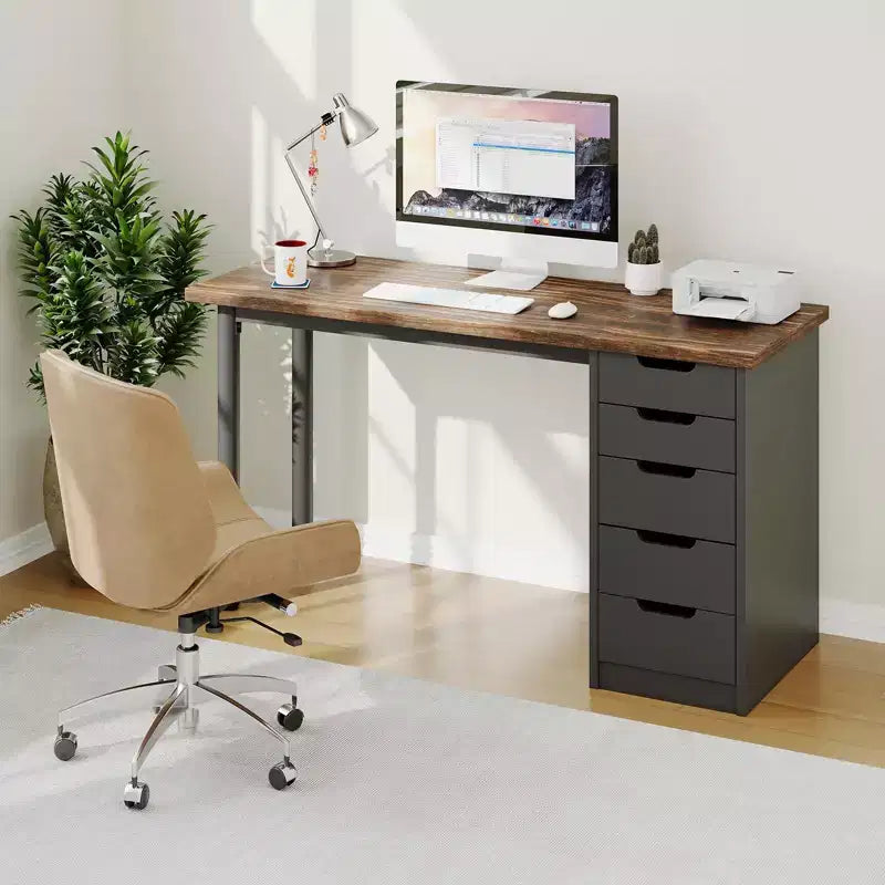 Computerbureau van 47 inch met 5 opbergladen, omkeerbare moderne rustieke studie- en schrijftafel, thuiswerkplek voor kleine ruimtes