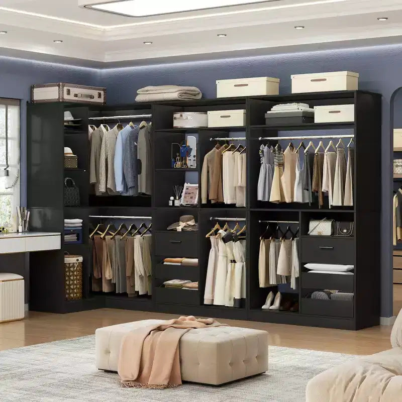 Ensemble Besiost de 3 éléments pour dressing d’angle avec étagères en colonne et tiroirs, organisateur de dressing autoportant avec tringles