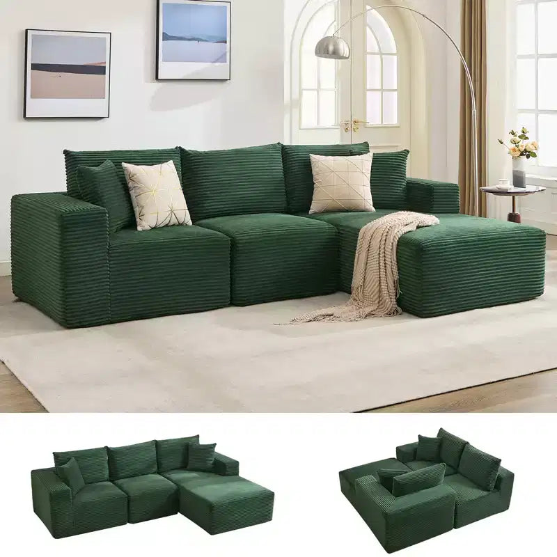 108 modernes Sofa, 3-Sitzer-Sofa in L-Form mit Polsterbezug und Kissen, Sofa mit tiefer Sitzfläche, keine Montage erforderlich