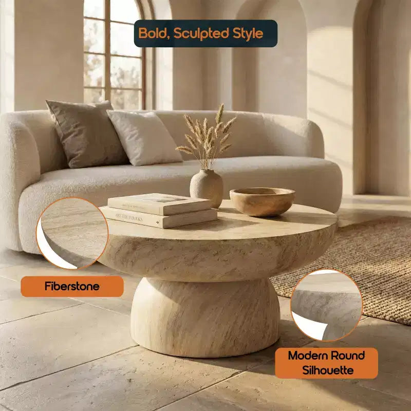 Kulatý konferenční stolek LeisureMod Lunexa  podstavcový akcentní stolek z fiberstonu pro použití v interiéru i exteriéru, sochařský design s protiskluzovými nožkami