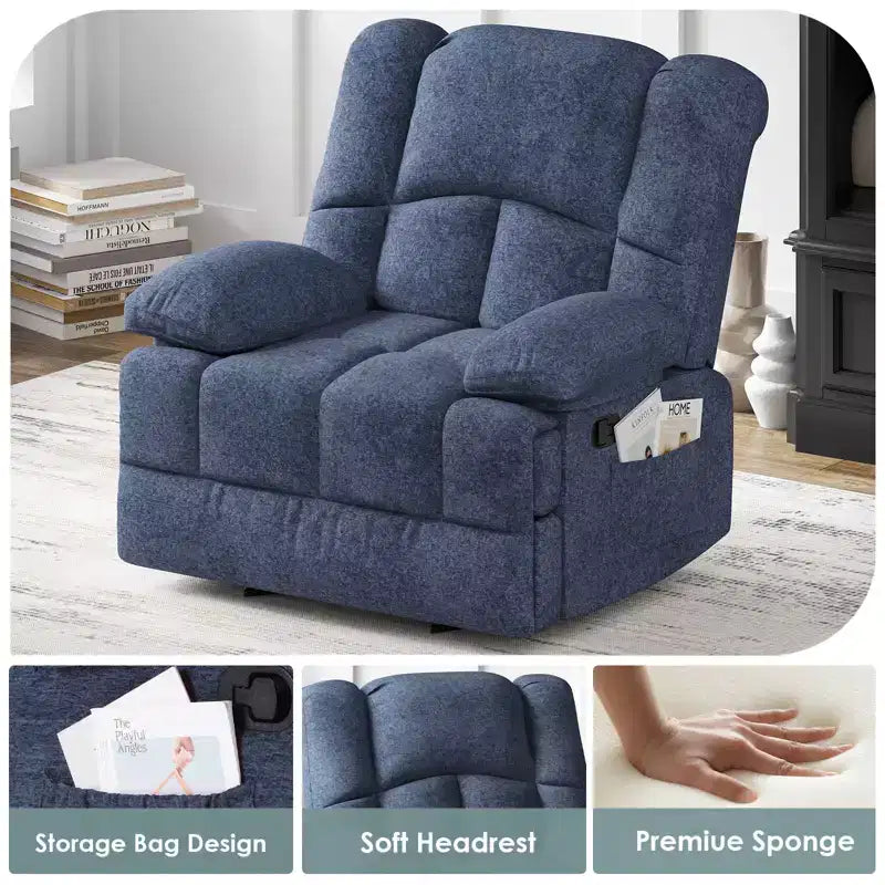 Blauer übergroßer Relaxsessel mit Wippfunktion und Chenille-Bezug