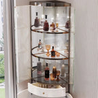 Vitrine de canto para garrafeira e arrumação com prateleiras de vidro e metal em vários níveis