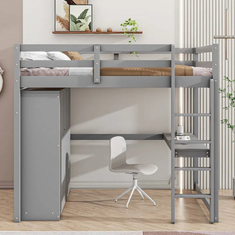 Hochbett aus Holz in voller Größe mit integriertem Kleiderschrank, Schreibtisch, Ablagefächern und Schubladen