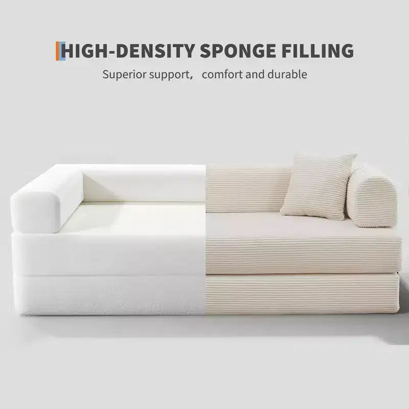 4-in-1-Schlafsofa, 79 Zoll rahmenlose Faltbodenmatratze aus Cord mit Kissen, ohne Montage, Loveseat für kleine Wohnungen