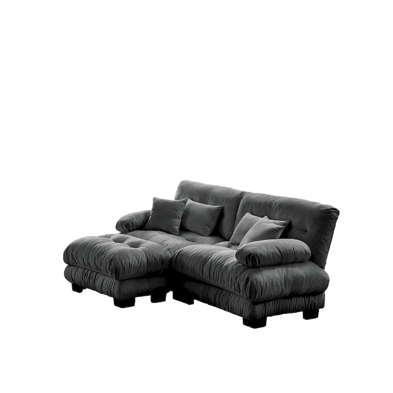 Sofá de dois lugares em forma de L, sofá modular em chenille com almofadas lombares