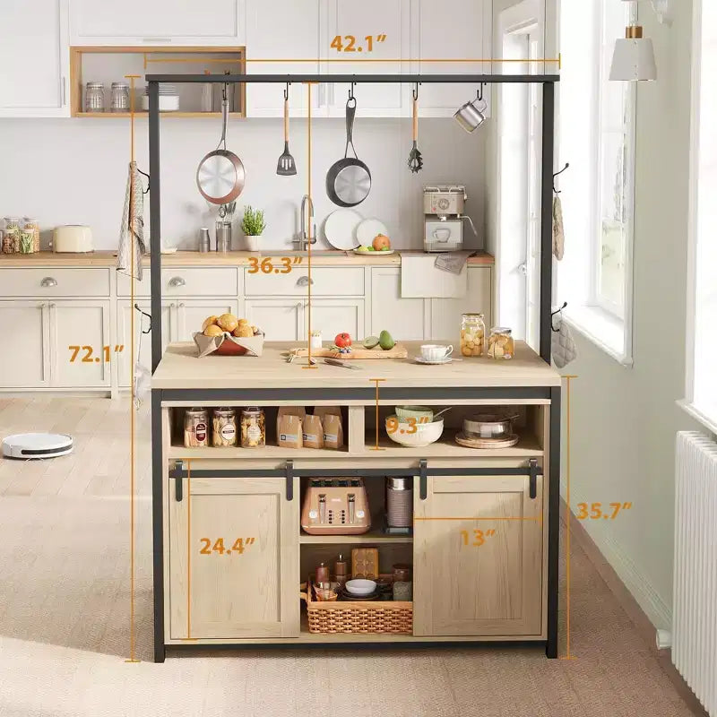 Îlot de cuisine, étagère de boulanger avec porte coulissante de grange, grande table îlot de cuisine de 42 po avec meuble pour micro-ondes à 3 niveaux, étagères pour four et ensemble de table-bar à café