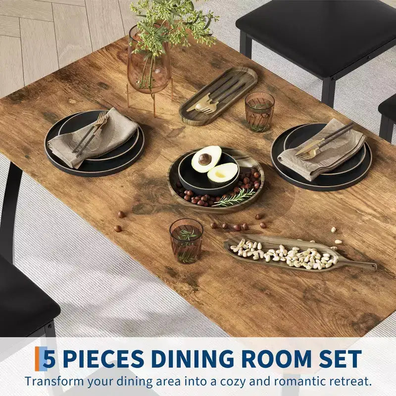 Ensemble table et chaises de cuisine à structure métallique en 5 pièces, avec design chanfreiné