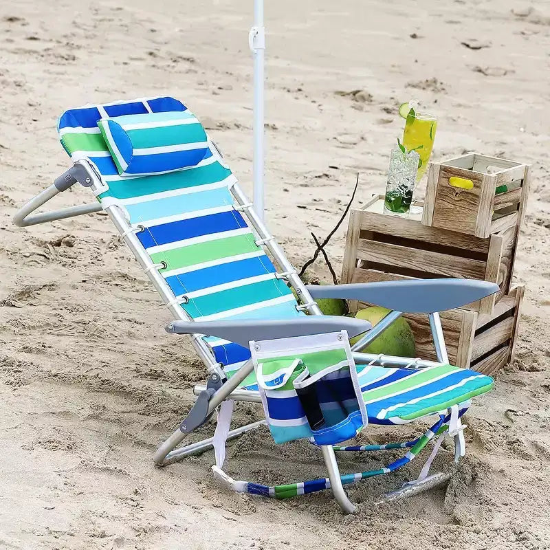 Lot de 2 chaises de plage légères type sac à dos Acekool, chaises pliantes à 5 positions pouvant être étendues à plat pour adultes, avec sangles, porte-gobelet et porte-serviette, supportant 300 lb