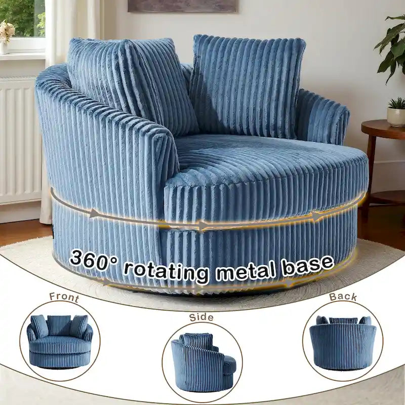 Fauteuil pivotant tonneau surdimensionné de 43 W en velours côtelé moelleux avec accoudoirs encastrés