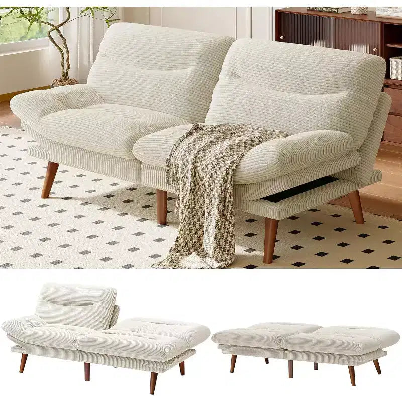 Cord-Schlafsofa mit 168 cm Breite, verstellbarer Rückenlehne und Armlehnen, geeignet für kleine Räume, Wohnzimmer oder Büros, als Futonsofa