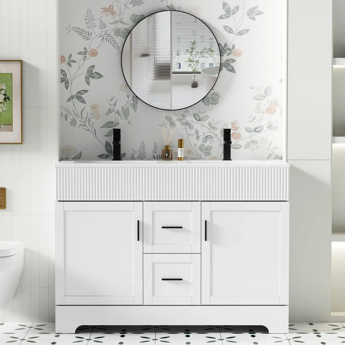 Wavy Line Badezimmermöbel-Set mit Waschbecken und Wasserhahn, 30/36/48 Zoll